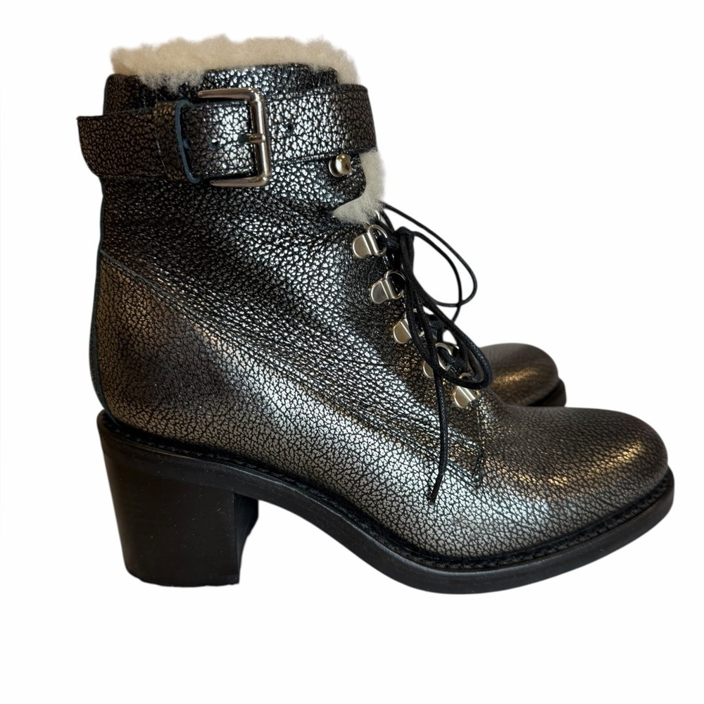 FREE LANCE Paris Shearling Lined Leather Combat Boots EU 39 Silver Metallic - Picture 12 of 14